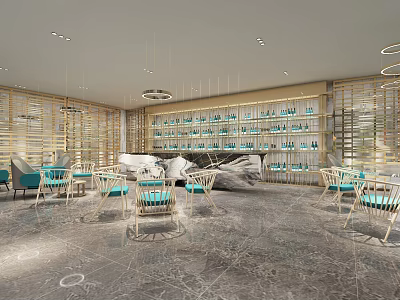 Elegant Hotel Public Lounge Area With Hanging Chandeliers Bookshelves And Marble Floor 3d model