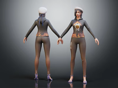 Two Female 3D Character Models Front Back View With Tight Costume And Hat Design 3d model