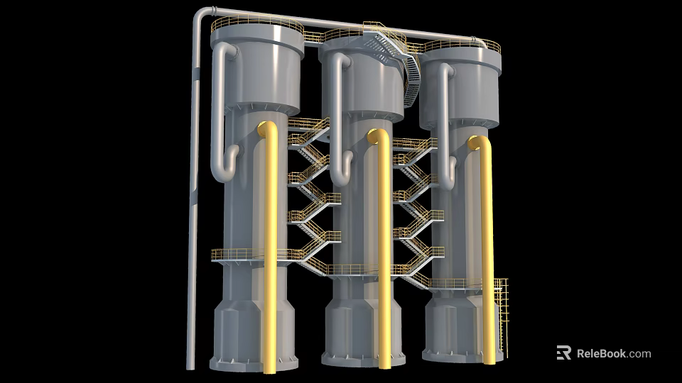 Large Industrial Equipment Featuring Cylindrical Tanks Yellow Pipes And Metal Staircases 3d model 