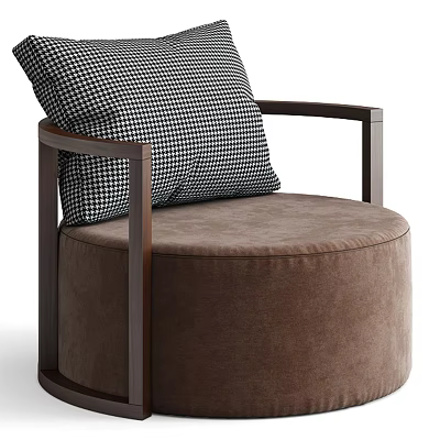 Round Brown Upholstered Single Sofa With Wooden Armrests And Black White Checkered Pillow 3d model