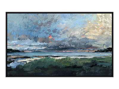 Landscape Painting With Vibrant Sky Dramatic Clouds Calm Water And Green Grass 3d model
