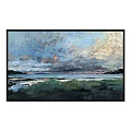 Landscape Painting With Vibrant Sky Dramatic Clouds Calm Water And Green Grass