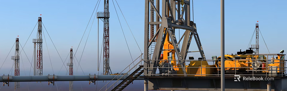 Large Scale Industrial Equipment on Drilling Rig with Metal Framework Red Helmet Pipes and Staircase 3d model 