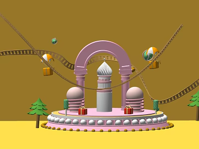 Decorative Pink Arch Dome Scene With Gift Boxes Hot Air Balloons Small Pine Trees Tracks 3d model