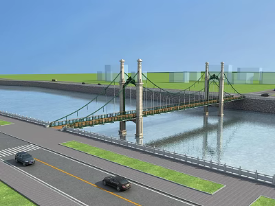 Elegant Suspension Bridge With Tower Structures Over River Connecting Roads And Green Areas 3d model