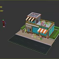 3D Cafe Model With Outdoor Seating Striped Awning Signboard And Figure