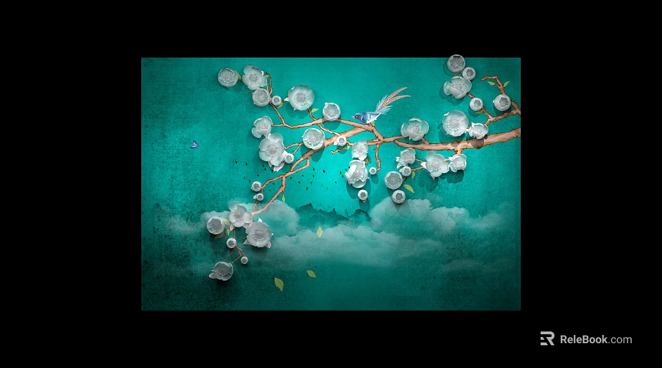 Botanical Plant Painting With White Flowers On Branch Green Background And Small Bird 3d model 