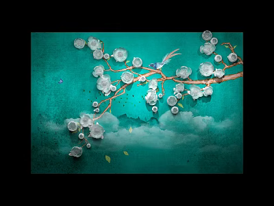 Botanical Plant Painting With White Flowers On Branch Green Background And Small Bird 3d model