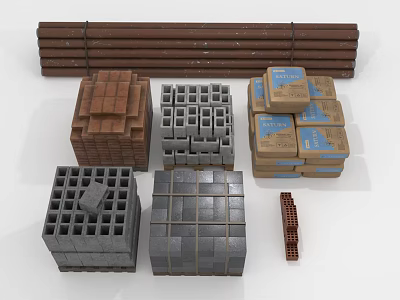 Various Building Blocks And Packaged Construction Materials In Different Colors And Sizes 3d model
