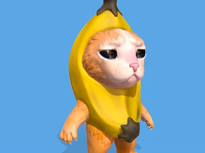Cute Cartoon Cat Wearing Yellow Banana Peel Costume On Blue Background 3d model