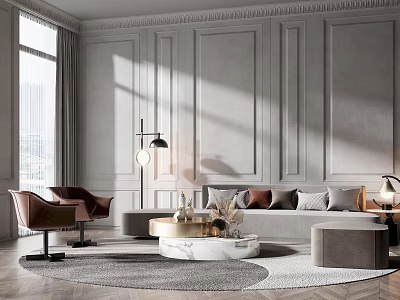Modern Sofa And Marble Coffee Table Set With Decorative Wall Floor Lamp And Accent Chairs 3d model