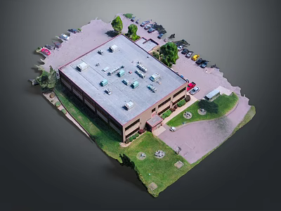 Cartoon Scene Aerial View of Building with Parking Lot Trees and Green Lawn Areas 3d model