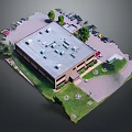 Cartoon Scene Aerial View of Building with Parking Lot Trees and Green Lawn Areas