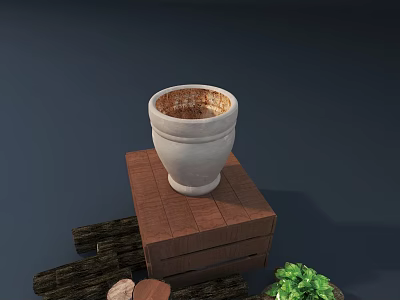 Rustic Ceramic Pot Placed on Wooden Crate with Green Plants 3d model