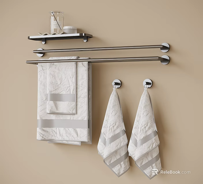 Modern Silver Bathroom Accessories With Shelf Towel Bars Hooks And White Gray Striped Towels 3d model 