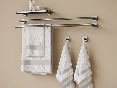 Modern Silver Bathroom Accessories With Shelf Towel Bars Hooks And White Gray Striped Towels 3d model