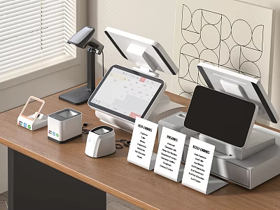 Modern Commercial Equipment Setup Featuring Cash Registers Stand Displays Receipt Printers Payment Signs 3d model