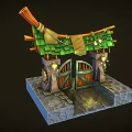 Cartoon Scene of Enchanted Entrance With Green Tiled Roof Wooden Arch Lanterns And Stone Base
