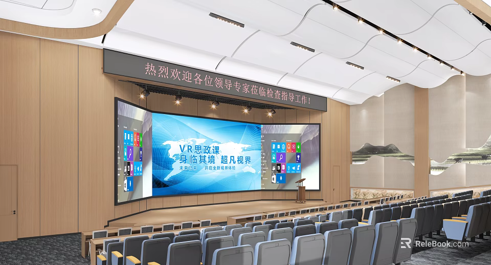 Modern Conference Room Interior With Large Screen Rows Of Seats For VR Device 3d model 