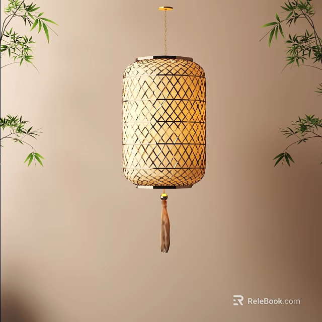 Bamboo Woven Lantern With Grid Pattern Hanging Near Bamboo Leaves On Beige Wall 3d model 