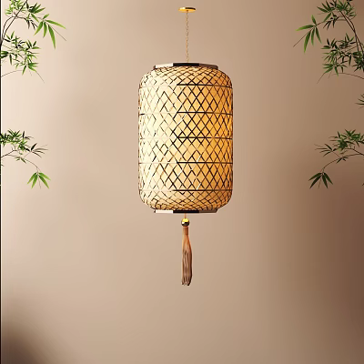 Bamboo Woven Lantern With Grid Pattern Hanging Near Bamboo Leaves On Beige Wall 3d model
