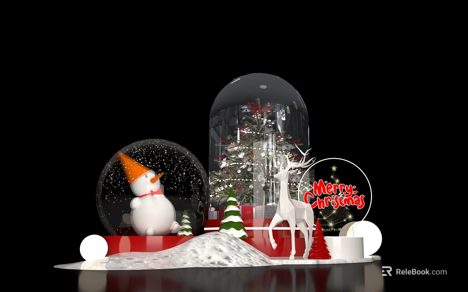 Christmas Decoration Scene With Snow Globe Snowman Tree Reindeer And Merry Christmas Sign 3d model 