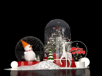 Christmas Decoration Scene With Snow Globe Snowman Tree Reindeer And Merry Christmas Sign 3d model