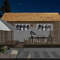 Thatched Roof Cottage Outdoor Zen Courtyard With Wooden Structure And Night Lighting