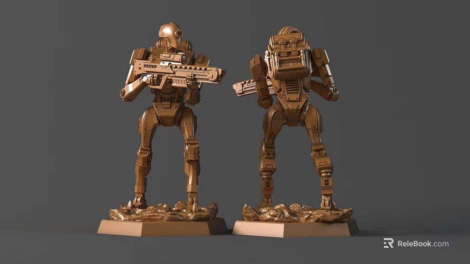 Two Golden Robot Sculptures Holding Weapons With Detailed Base Structure 3d model 