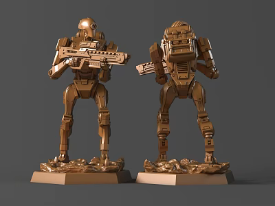 Two Golden Robot Sculptures Holding Weapons With Detailed Base Structure 3d model