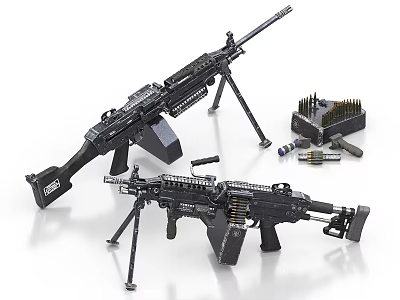 Two Tactical Machine Guns with Ammunition Clips and Accessories 3d model