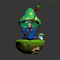 Cartoon Wizard With Green Star Hat Magic Wand Blue Robe Green Base And Small Mushrooms
