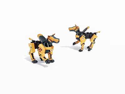 Two Yellow Mechanical Robot Dog Toys With Black Details And Joints 3d model