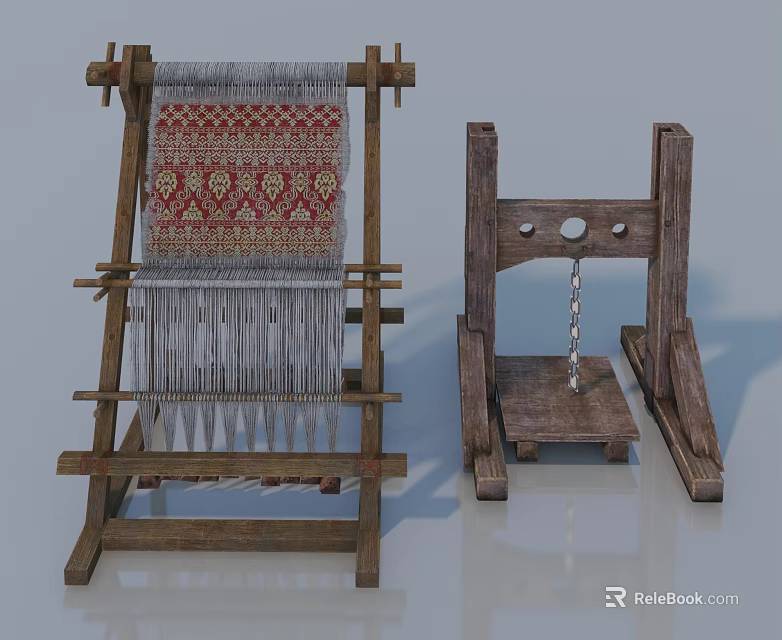 Traditional Wooden Loom With Patterned Fabric And Pedal Weaving Structure 3d model 