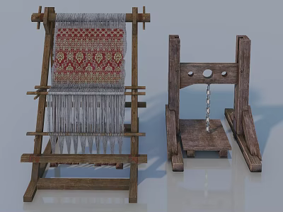 Traditional Wooden Loom With Patterned Fabric And Pedal Weaving Structure 3d model
