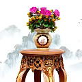 Traditional Carved Brown Armchair With Small Wooden Table And Flowers In Chinese Landscape Background