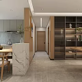 Modern Minimalist Restaurant Interior With Wooden Long Table White Decor And Green Plant