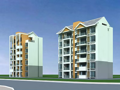 Modern Multi Storey Residential Building Exterior With White Orange Facade Balconies Grass Area And Road 3d model