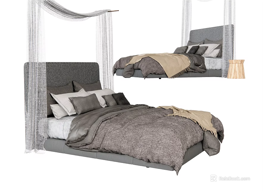 Gray Double Bed With Upholstered Headboard White Canopy Comforter And Pillows 3d model 