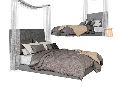 Gray Double Bed With Upholstered Headboard White Canopy Comforter And Pillows 3d model