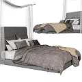 Gray Double Bed With Upholstered Headboard White Canopy Comforter And Pillows 3d model