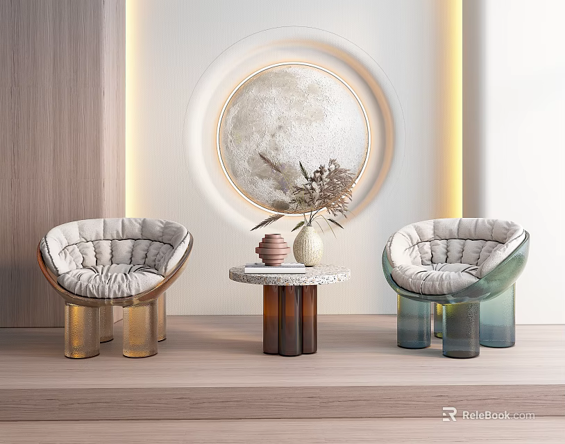 Casual Sofa Set With Soft Cushions Colored Legs Small Table And Moon Decoration 3d model 