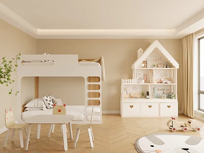 Bright Cozy Kids Room with Bunk Bed House Shaped Bookshelf Table Chairs and Green Plant 3d model