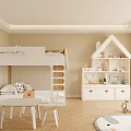 Bright Cozy Kids Room with Bunk Bed House Shaped Bookshelf Table Chairs and Green Plant