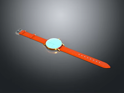 Stylish Leather Watch with Orange Strap Blue Dial Golden Bezel and Metal Buckle 3d model