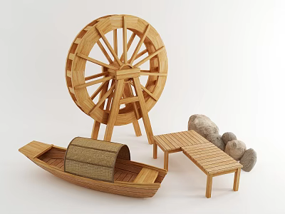 Traditional Wooden Boat Scene With Wooden Waterwheel Stones And Bench Decor 3d model