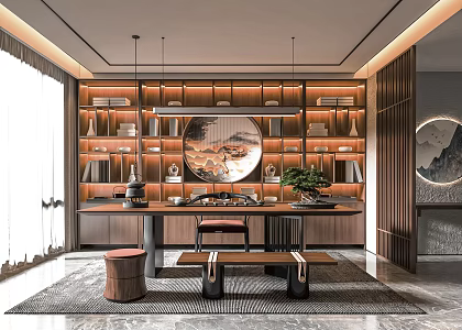 New Chinese Style Tea Room Study Tea Table and Chair Tea Stool Tea Cabinet Chandelier Tea Table Tea Set Storage Rack Decorative Cabinet 3d model