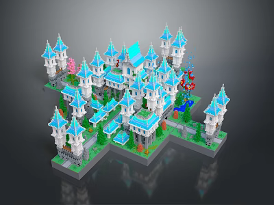 Cartoon Castle Scene With Blue Spires White Towers Green Trees And Pink Cherry Blossoms 3d model