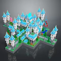 Cartoon Castle Scene With Blue Spires White Towers Green Trees And Pink Cherry Blossoms