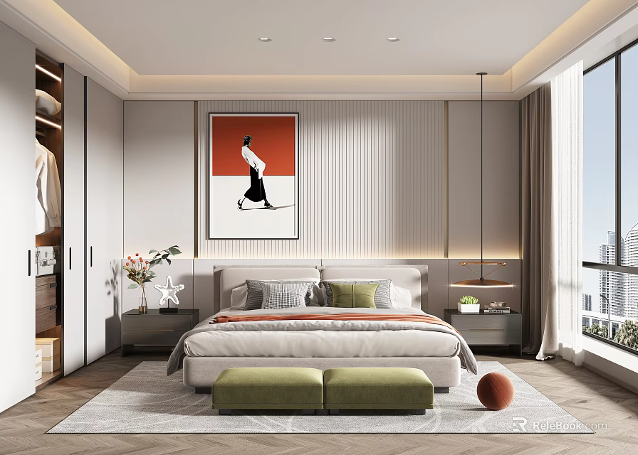 Modern Bedroom Interior Design With Comfortable Bed Striped Wall Green Ottoman And Artwork 3d model